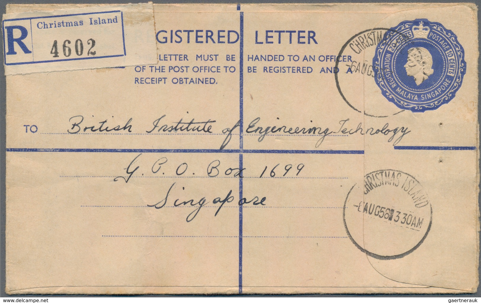 Weihnachtsinsel: 1958 (6.8.), Singapore Registered Letter QEII 20c.+10c. Blue Used With CHRISTMAS IS - Christmaseiland