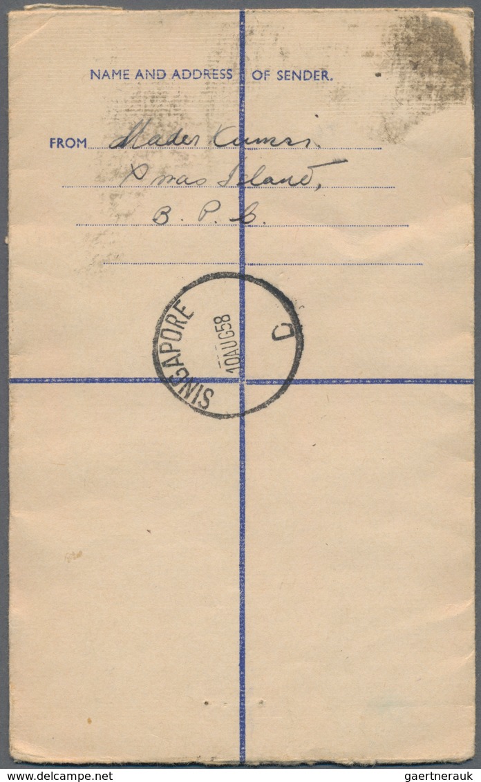 Weihnachtsinsel: 1958 (6.8.), Singapore Registered Letter QEII 20c.+10c. Blue Used With CHRISTMAS IS - Christmaseiland