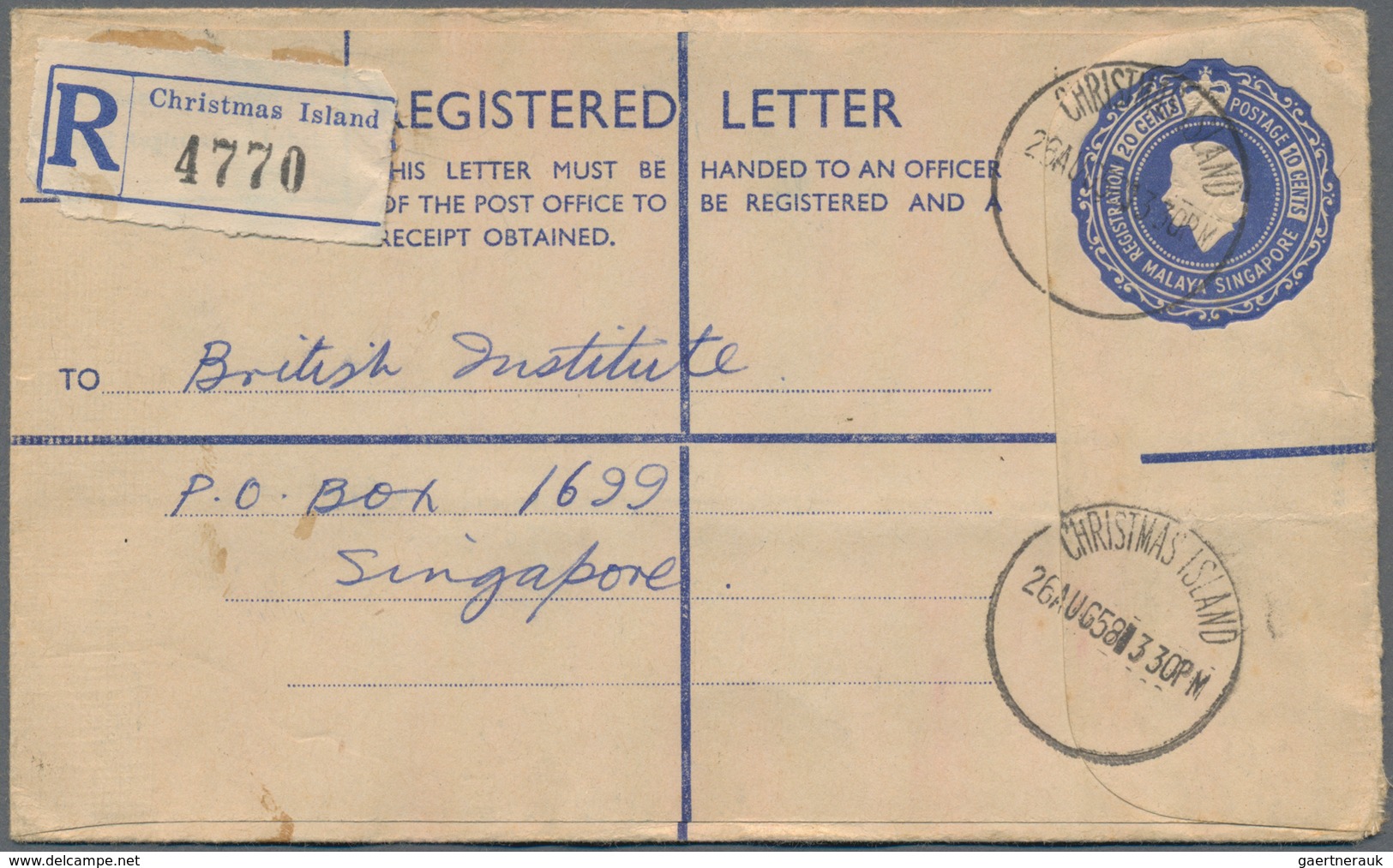 Weihnachtsinsel: 1958 (26.8.), Singapore Registered Letter QEII 20c.+10c. Blue Used With CHRISTMAS I - Christmas Island