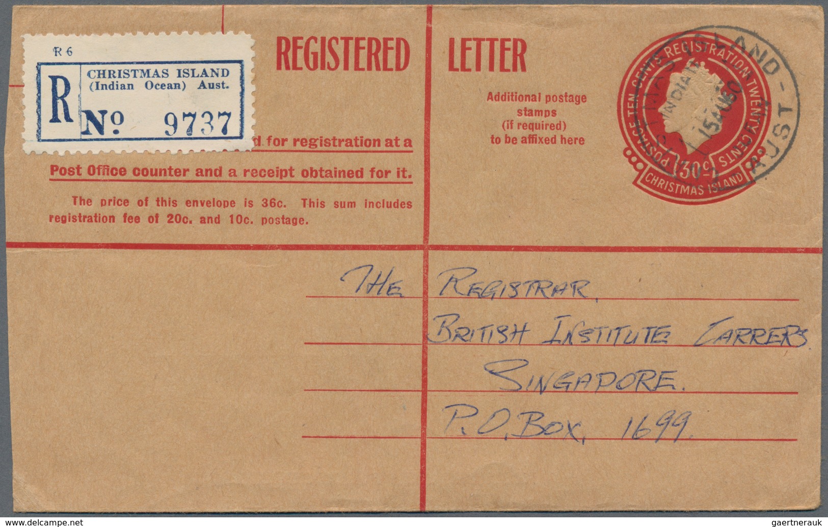 Weihnachtsinsel: 1960 (15.8.), Registered Letter QEII 30c. Used To Singapore With Arrival Cds. (19.8 - Christmas Island