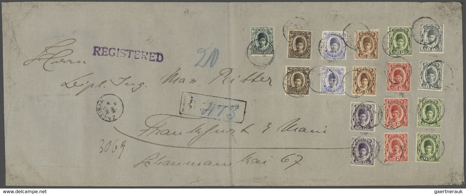 Zanzibar: 1908 Folded Registered Letter With Very Scarce Franking 1911 Sent From Zanzibar To Frankfu - Zanzibar (...-1963)