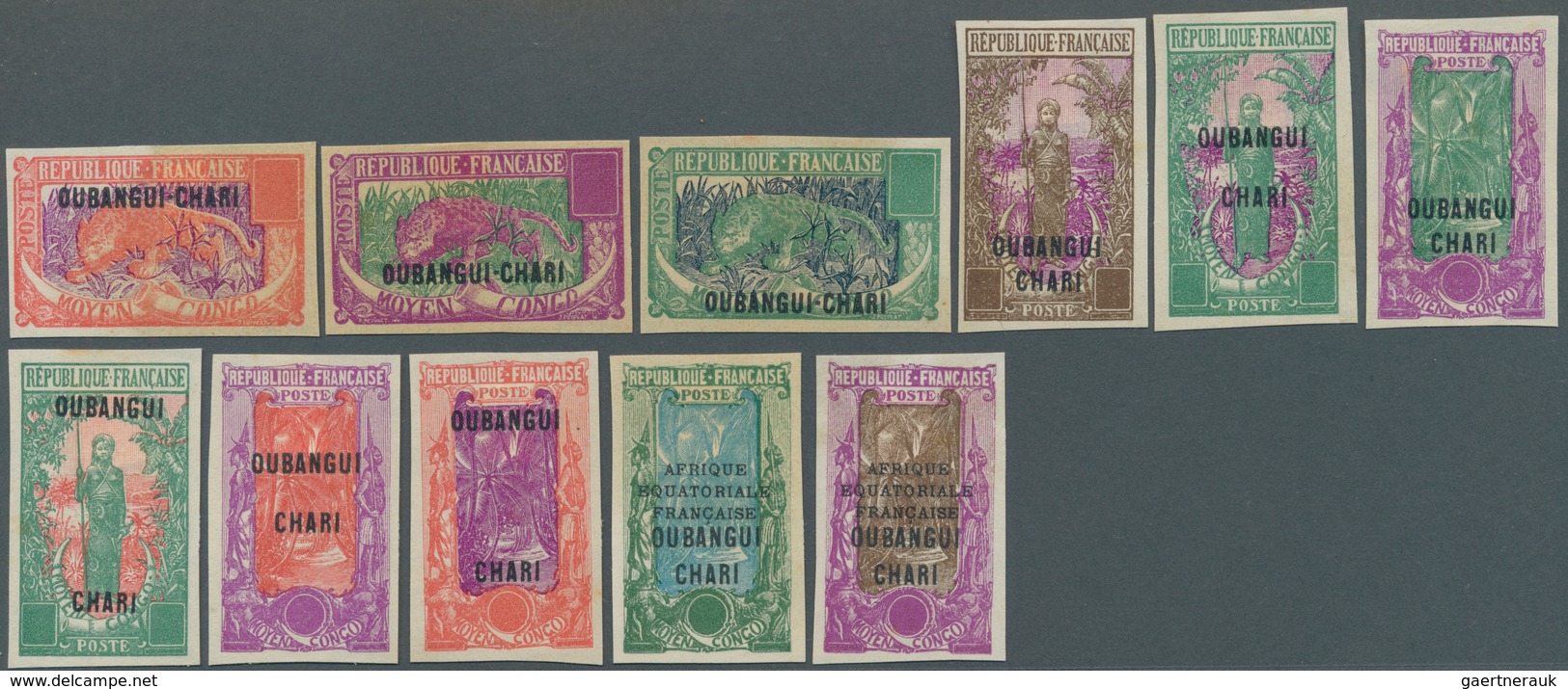 Zentralafrikanische Republik: 1922/1924, Oubangi-Chari, Group Of Eleven Imperforate Colour Proofs Wi - Central African Republic