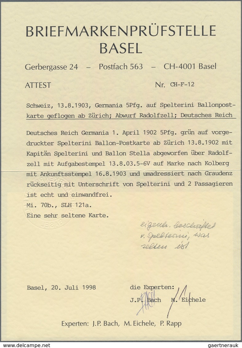 Ballonpost: 1903, SPELTERINI BALLON "STELLA" Bordkarte Vom Aufstieg Zürich, Eigenhändig Mit Grüße Vo - Luchtballons