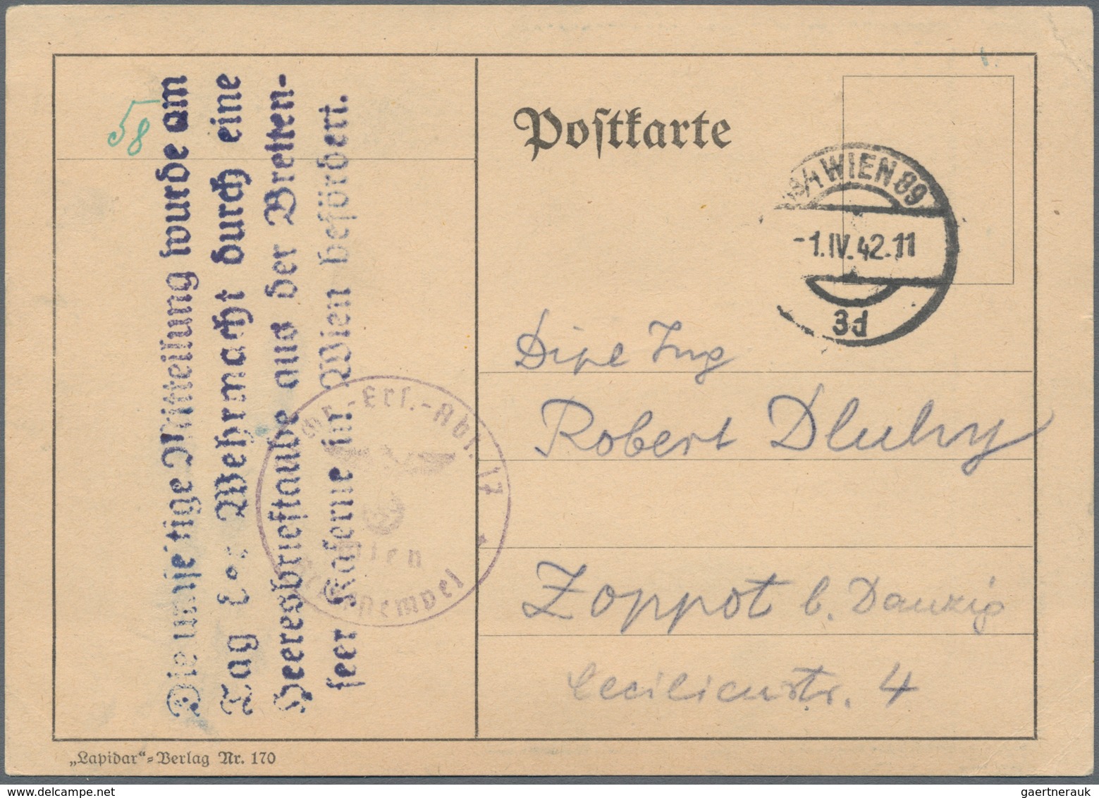 Brieftaubenpost: 1942, Feldpostkarte Mit Truppenstempel Der "Nachr.-Ers.-Abt.17 Wien" Von WIEN 89, 1 - Columbiformes