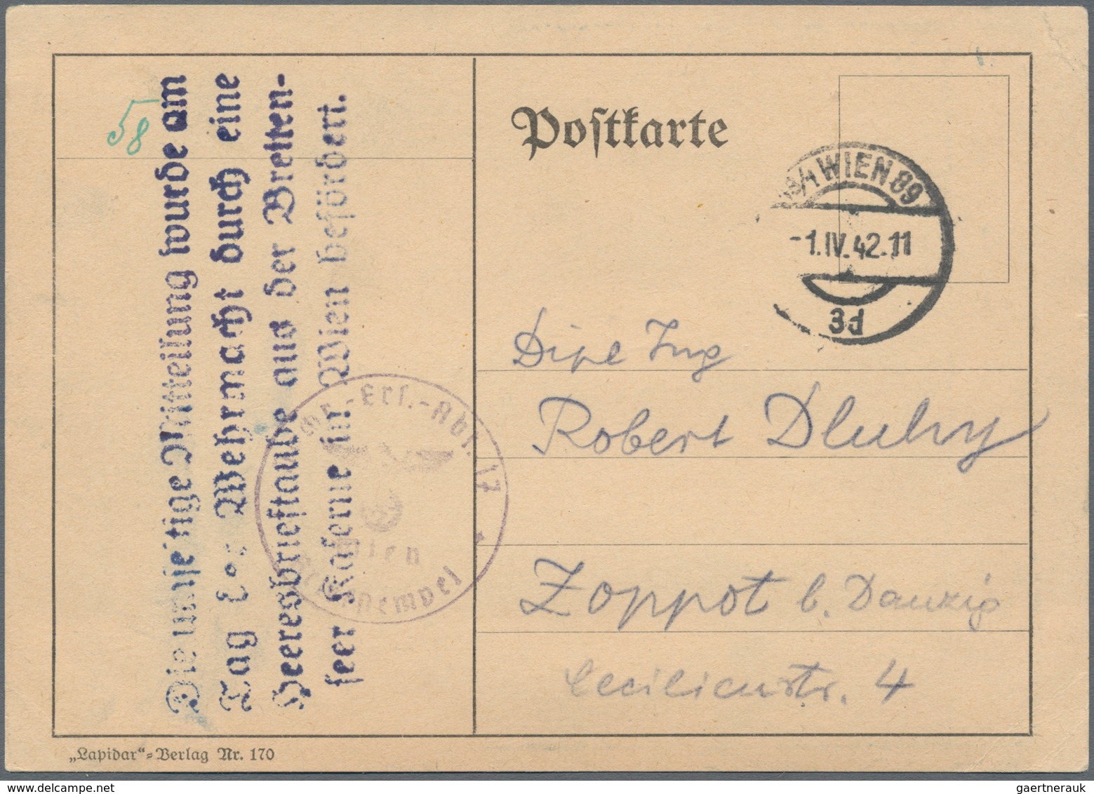 Brieftaubenpost: 1942, Feldpostkarte Mit Truppenstempel Der "Nachr.-Ers.-Abt.17 Wien" Von WIEN 89, 1 - Duiven En Duifachtigen