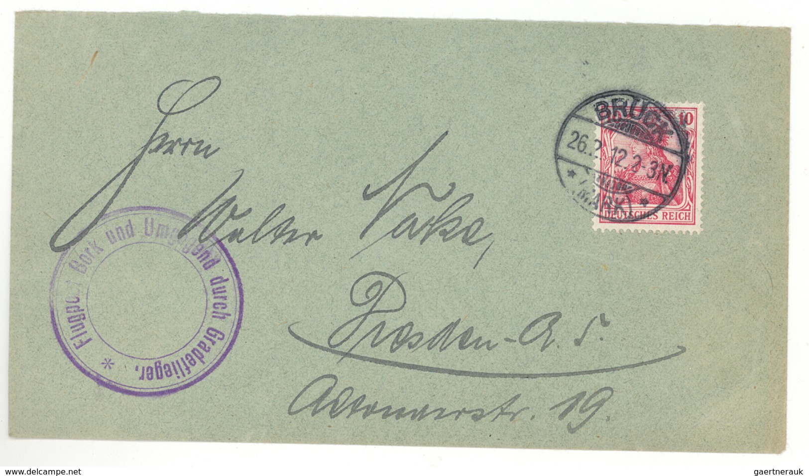 Flugpost Deutschland: 1912 Flugpost Bork-Brück Brief Germania 10 Pf Gest. "Brück 26.2.12" Und Viol. - Airmail & Zeppelin