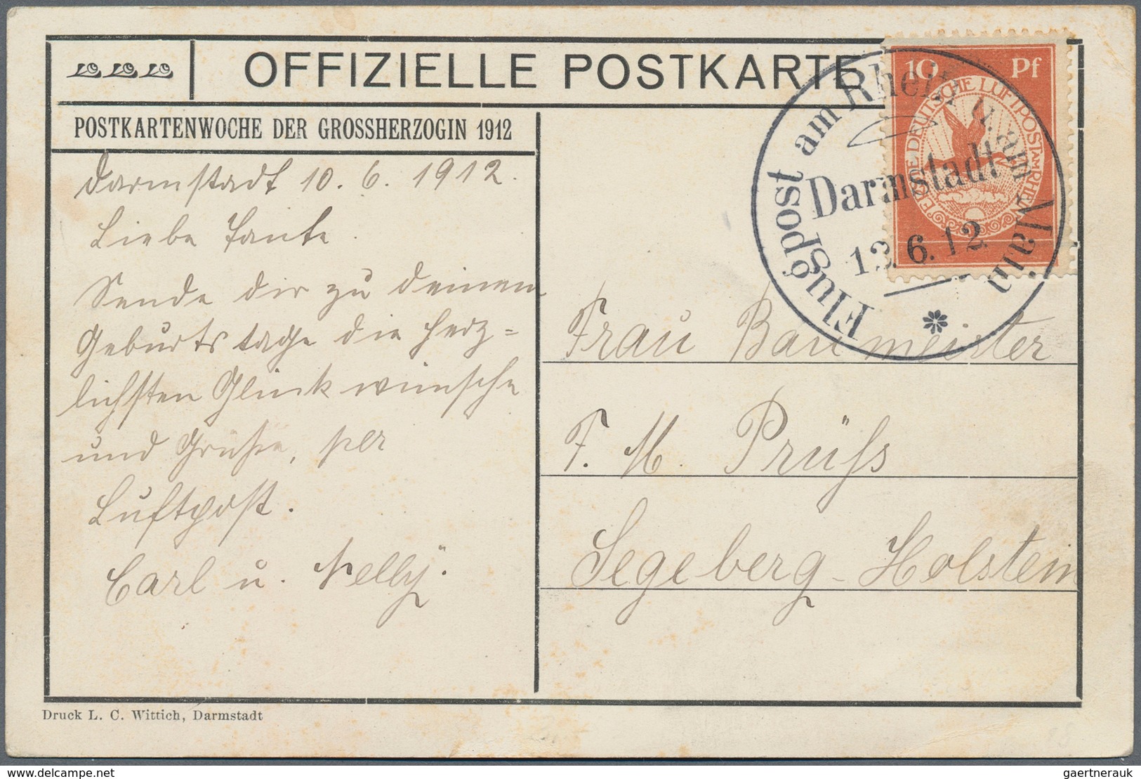 Flugpost Deutschland: 1912, FLUGPOST RHEIN-MAIN, Buntkarte OTZBERG, SSt. DARMSTADT 12.6. Vom Ersttag - Correo Aéreo & Zeppelin