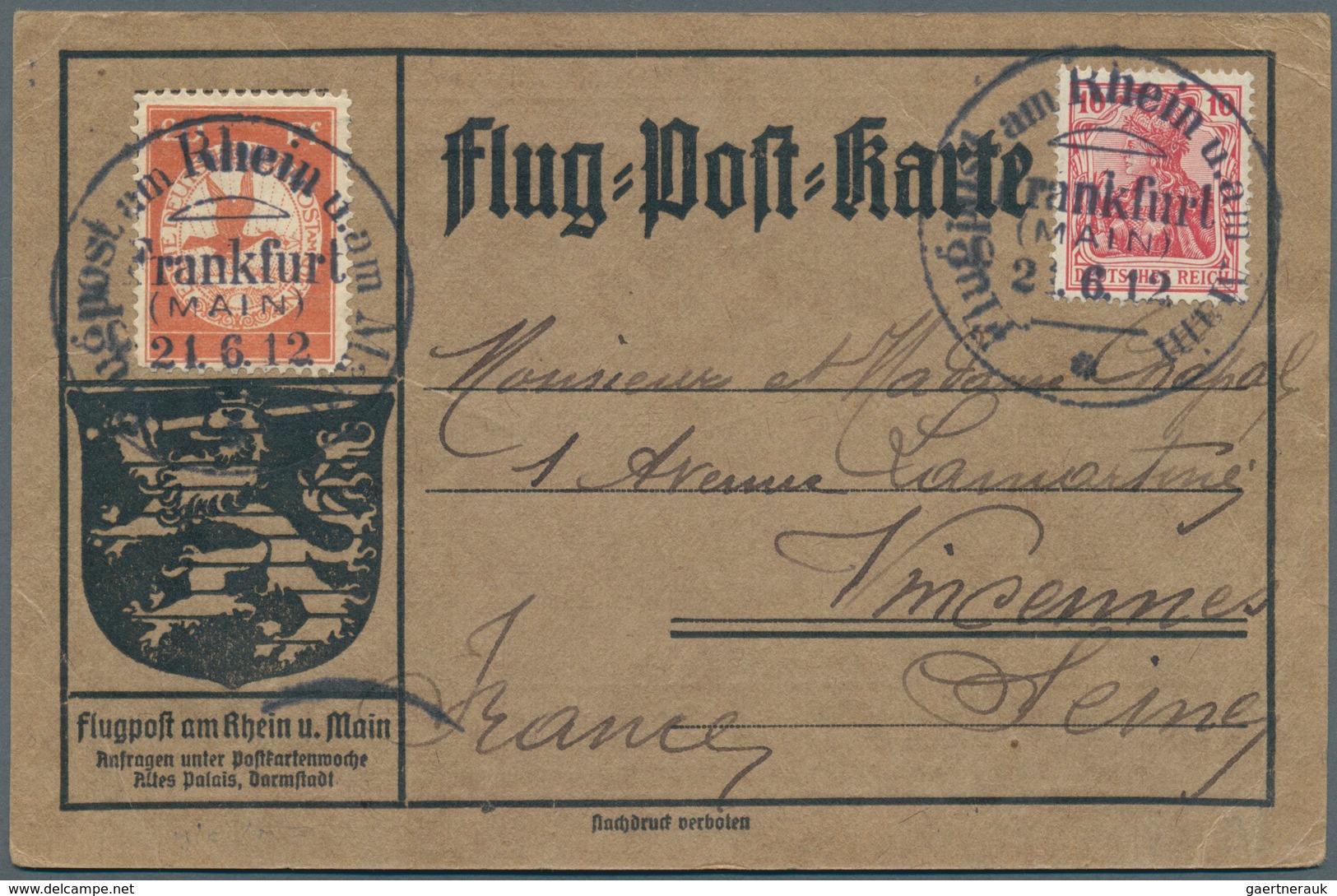 Flugpost Deutschland: 1912, "Flugpost Am Rhein U. Am Main/Frankfurt 21.6." Sonderstempel (11FR21Atd) - Luchtpost & Zeppelin