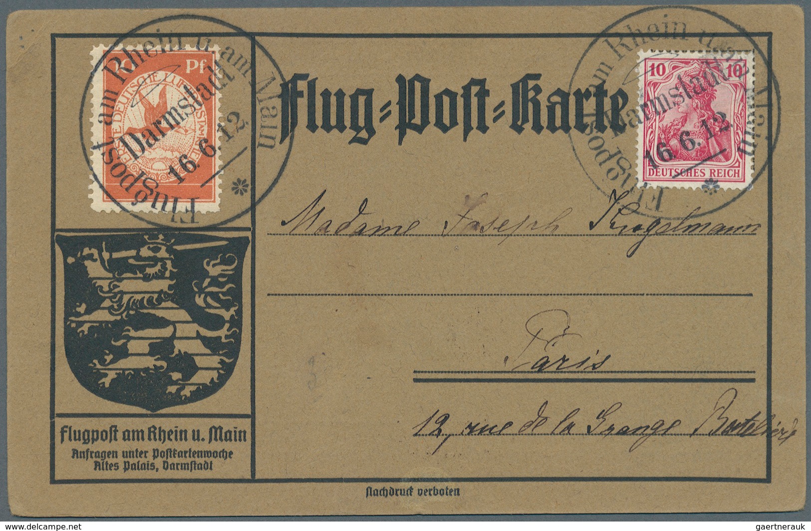 Flugpost Deutschland: 1912, "Flugpost Am Rhein U. Am Main/Darmstadt 16.6." Sonderstempel (II) Auf Gr - Airmail & Zeppelin