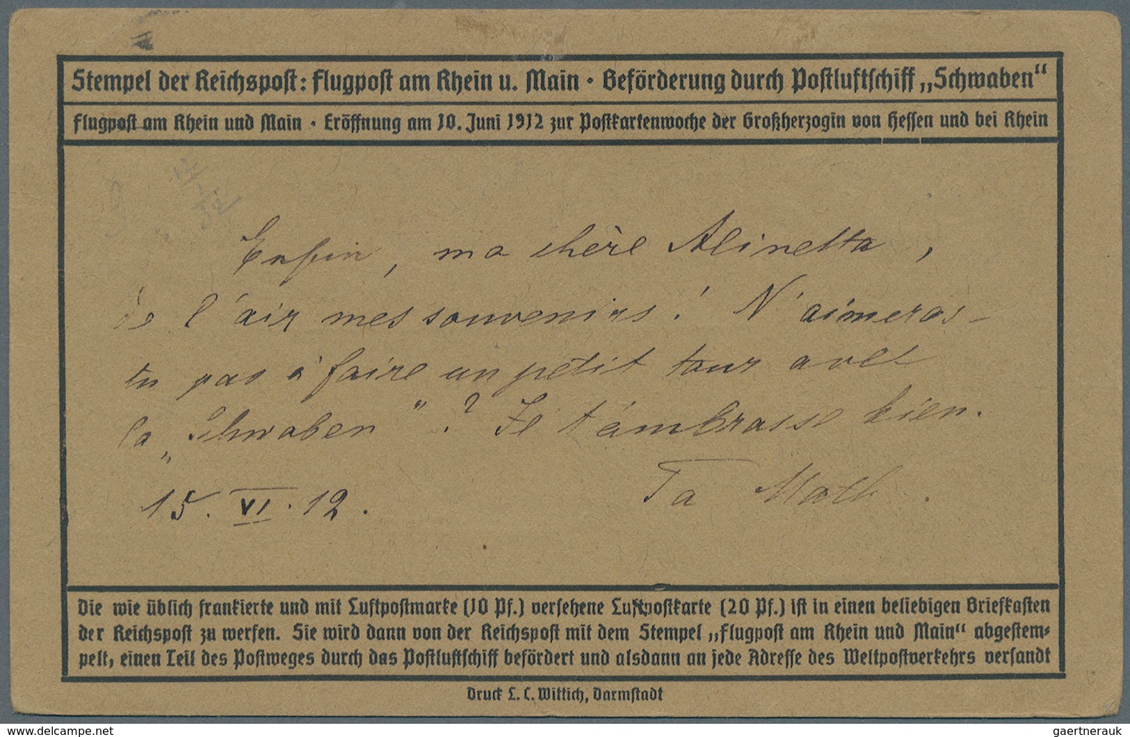 Flugpost Deutschland: 1912, "Flugpost Am Rhein U. Am Main/Darmstadt 16.6." Sonderstempel (II) Auf Gr - Airmail & Zeppelin