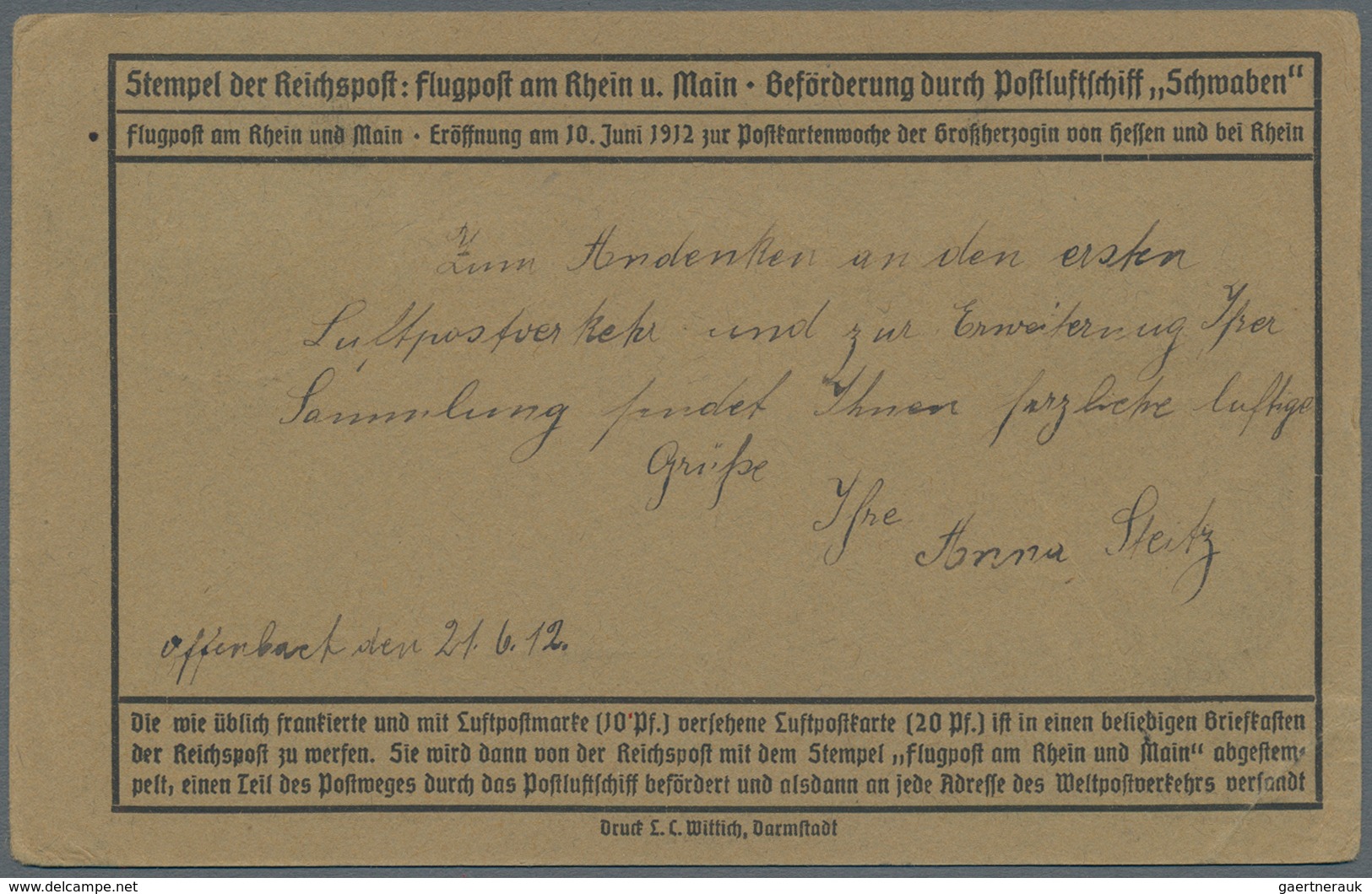 Flugpost Deutschland: 1912. Germany Official Card From The Grand Duchess Of Hesse's 1912 Flight Week - Airmail & Zeppelin