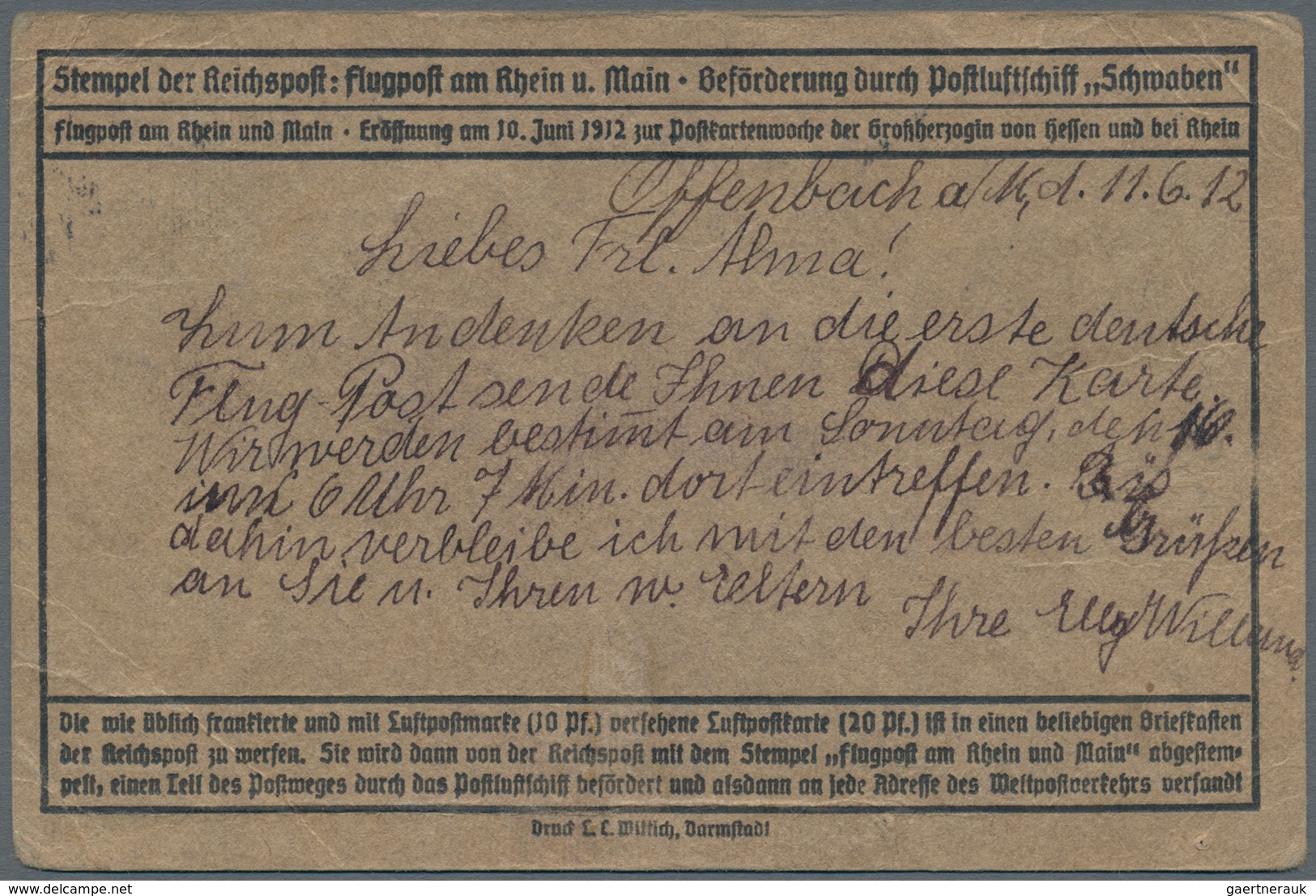 Flugpost Deutschland: 1912. Germany Official Card From The Grand Duchess Of Hesse's 1912 Flight Week - Luchtpost & Zeppelin