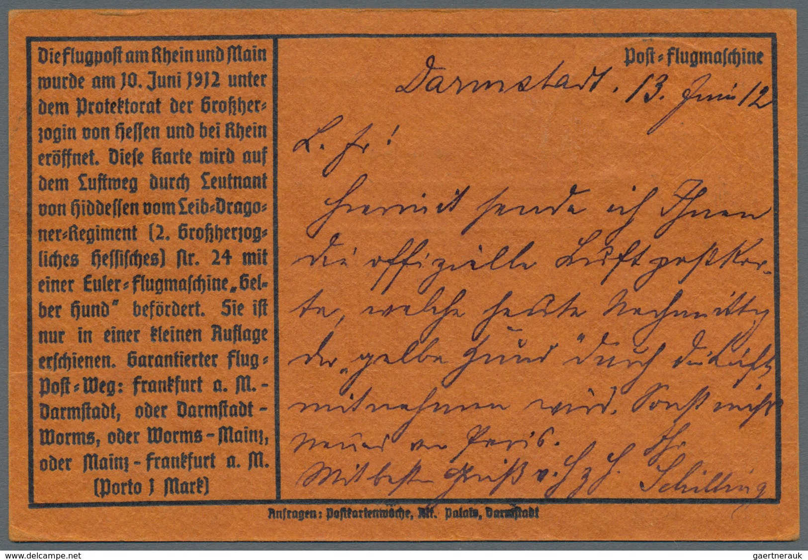 Flugpost Deutschland: 1912. Scarce Pioneer Gelber Hund Flugpost / Yellow Dog Airmail From Frankfurt, - Airmail & Zeppelin