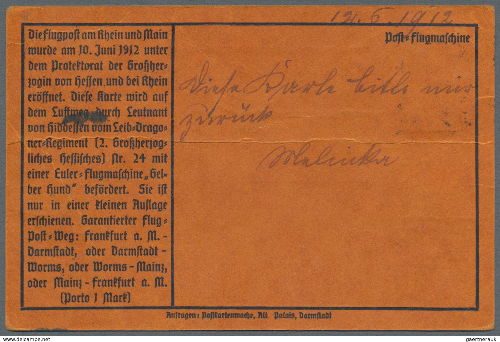 Flugpost Deutschland: 1912. Germany Official Card From The Grand Duchess Of Hesse's 1912 Flight Week - Airmail & Zeppelin