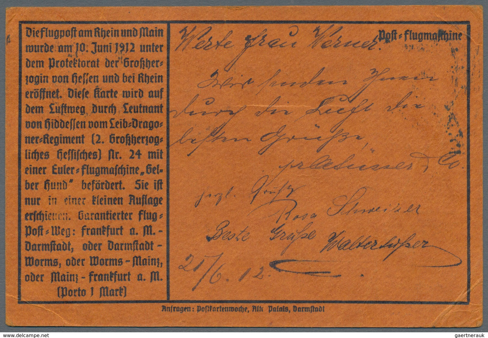 Flugpost Deutschland: 1912. Scarce Pioneer Gelber Hund Flugpost / Yellow Dog Airmail From Frankfurt, - Airmail & Zeppelin