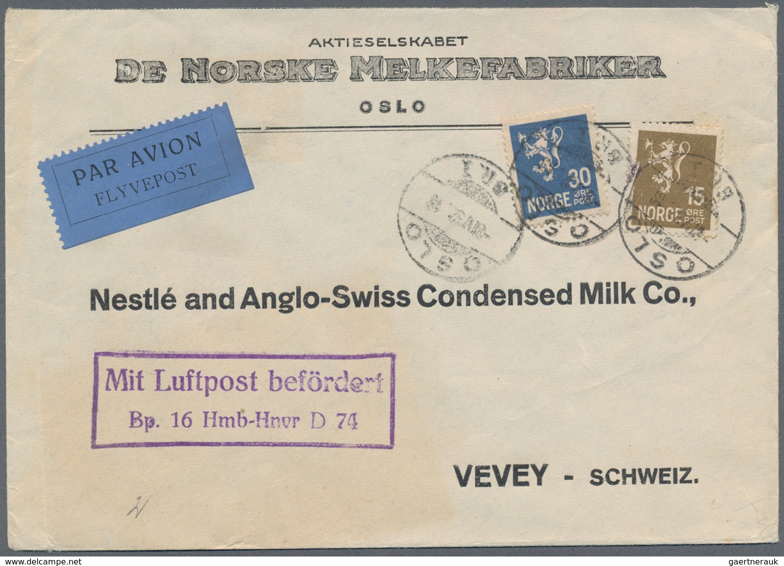 Flugpost Deutschland: 1932, Business Airmail Cover From "OSLO 8 IV 32" To Vevey, Switzerland With Sc - Correo Aéreo & Zeppelin