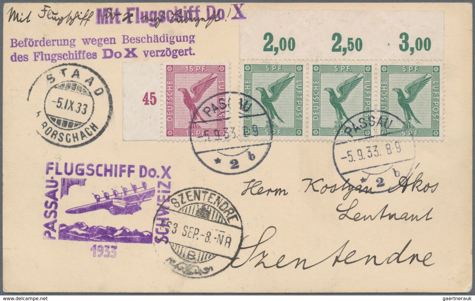 Flugpost Deutschland: 1933, "Flugschiff Do.X PASSAU-SCHWEIZ"/"...wegen Beschädigung Verzögert" Karte - Correo Aéreo & Zeppelin