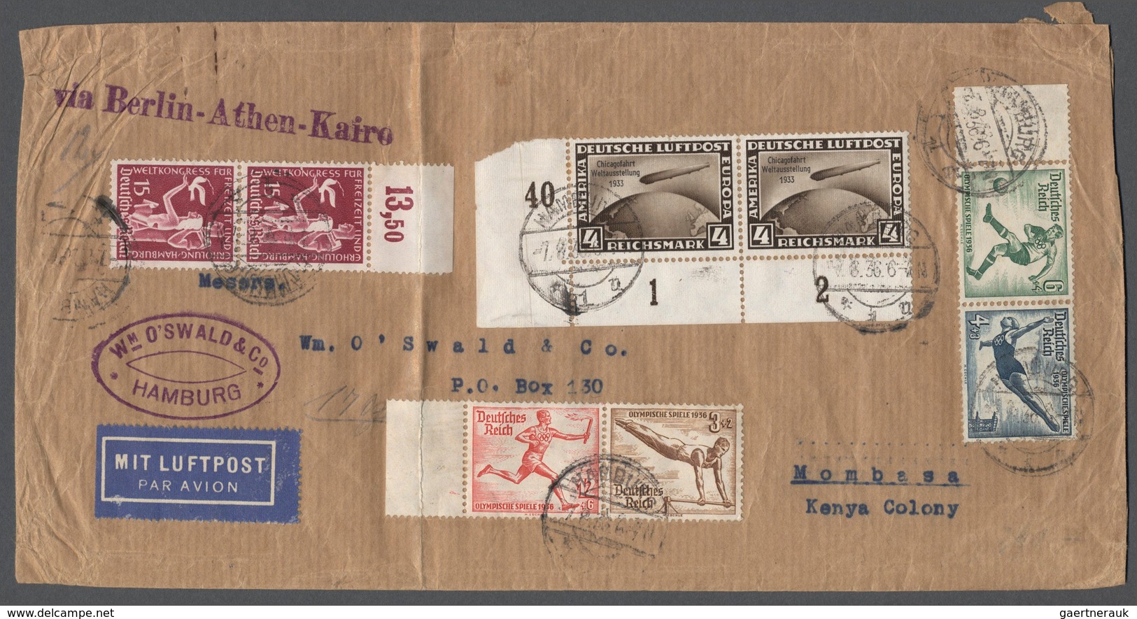 Flugpost Deutschland: 1936, Brief Von Hamburg Nach Mombasa (Kenya Colony) Freigemacht Mit Eckrand-Pa - Airmail & Zeppelin