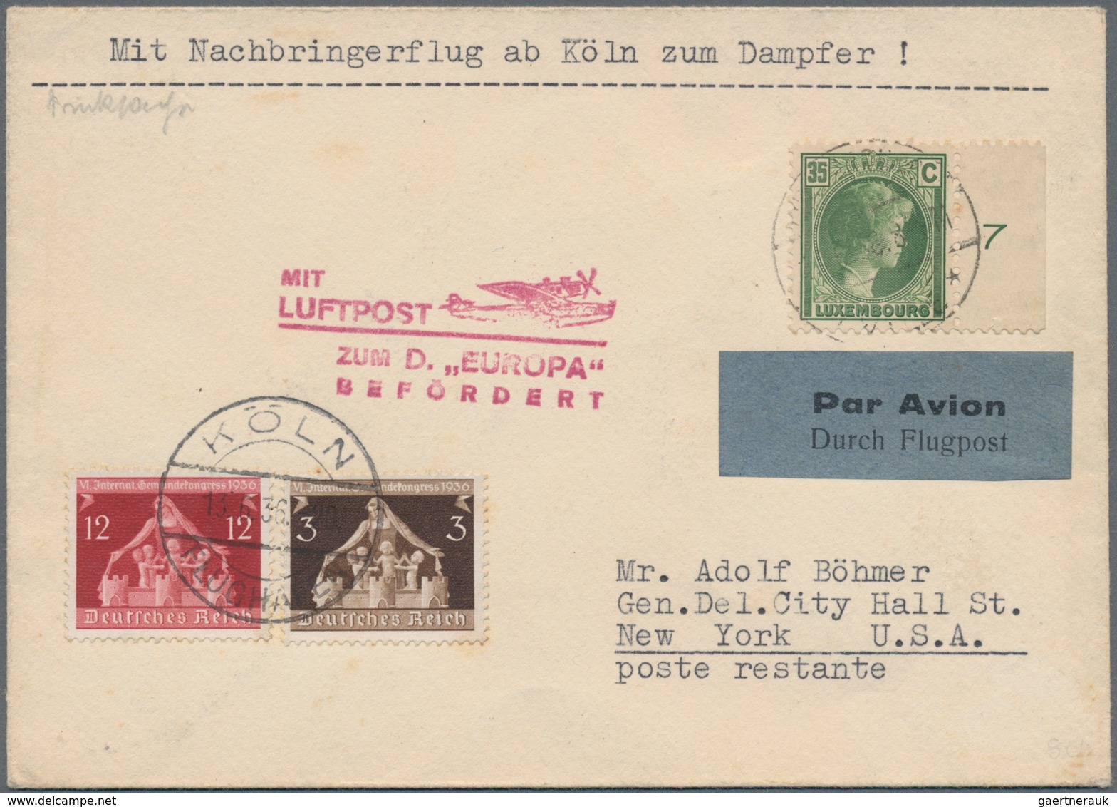 Flugpost Deutschland: 1936, "Mit Lufpost Zum D. EUROPA Befördert" Roter L4 Und Hds. "Mit Nachbringer - Airmail & Zeppelin