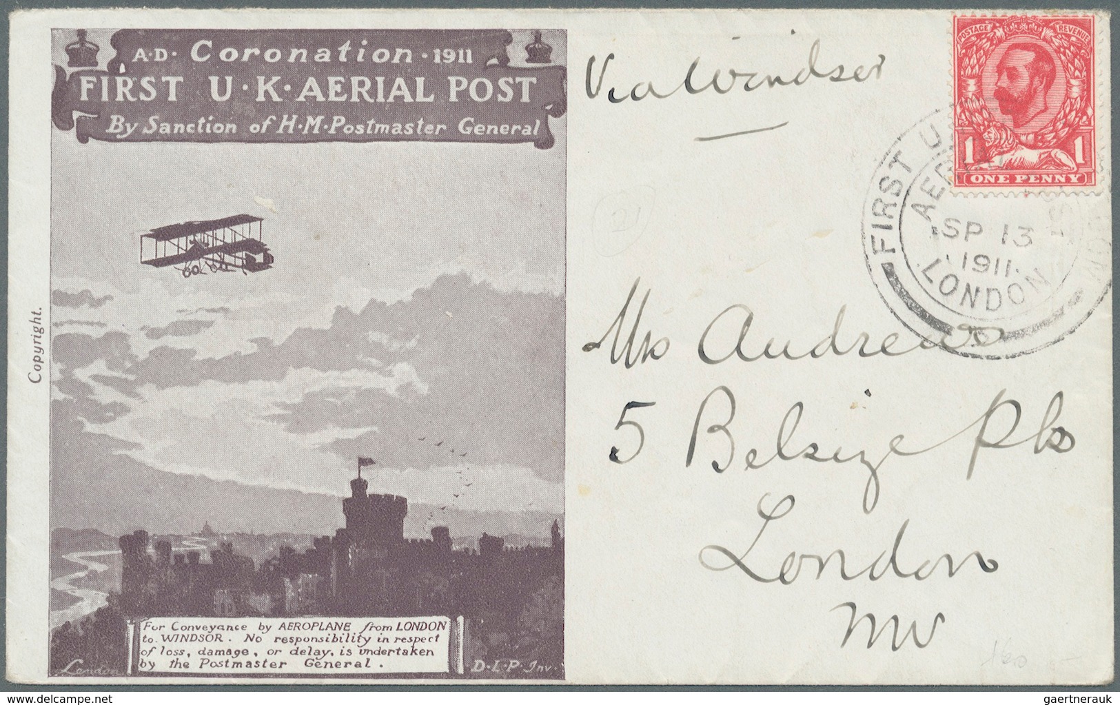 Flugpost Europa: 1911, FIRST UK-AERIAL POST, London-Windsor Dunkelvioletter Erstflug-Sonderumschlag - Andere-Europa