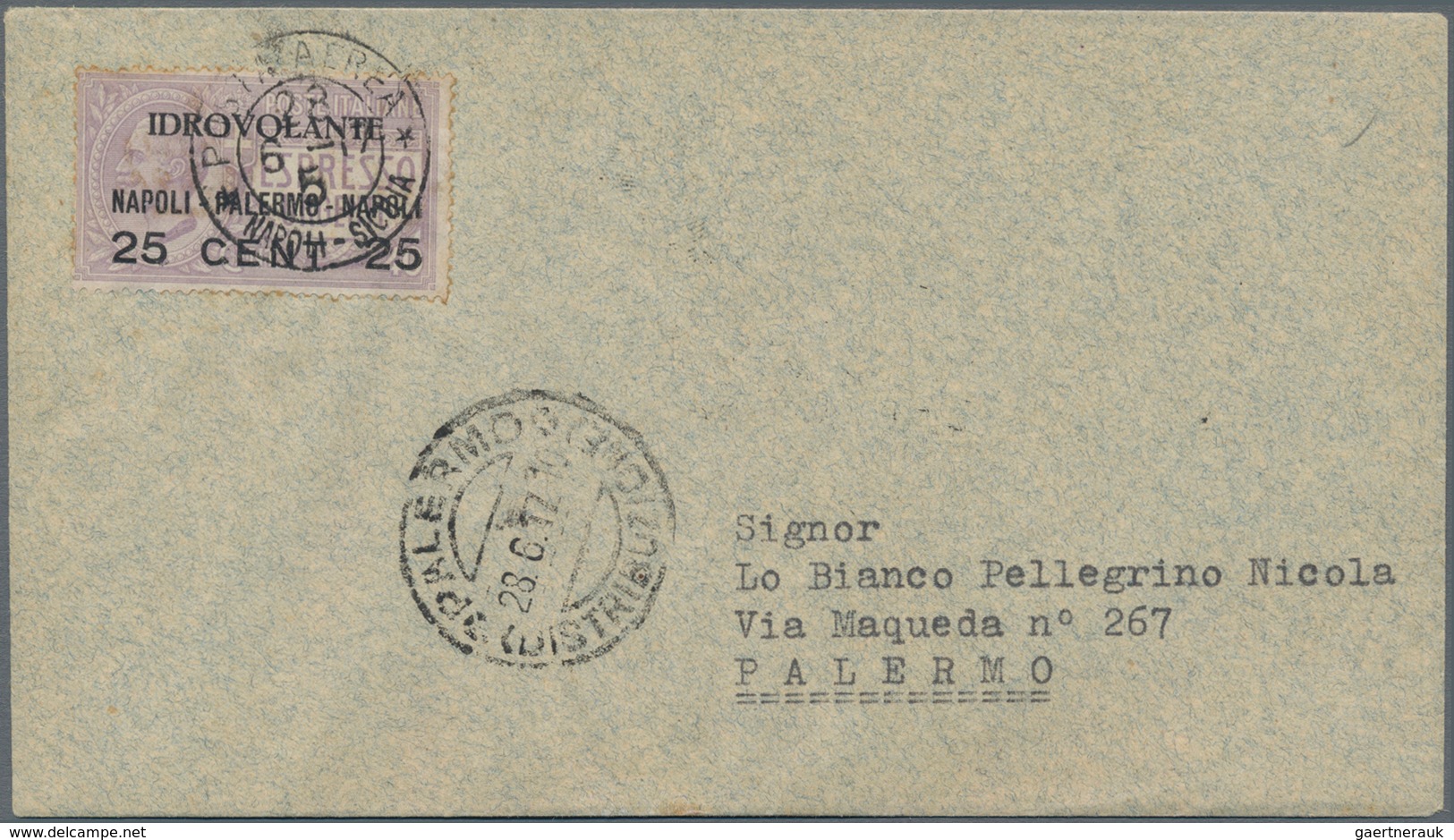 Flugpost Europa: 1917, Italy. Cover With 25c IDROVOLANTE Stamp Flown From Naples "28.6.17" To Palerm - Andere-Europa