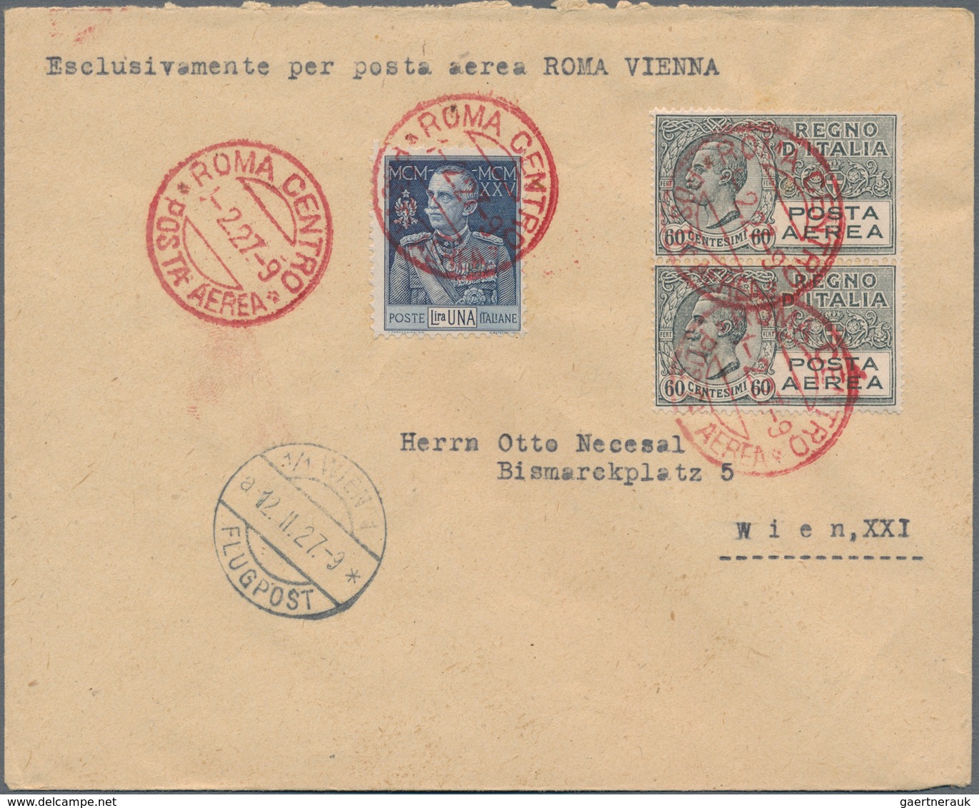 Flugpost Europa: 1927, Italy. Transadriatica Airmail Cover From "Rome 1-2.27-9" Via Venice To Vienna - Andere-Europa