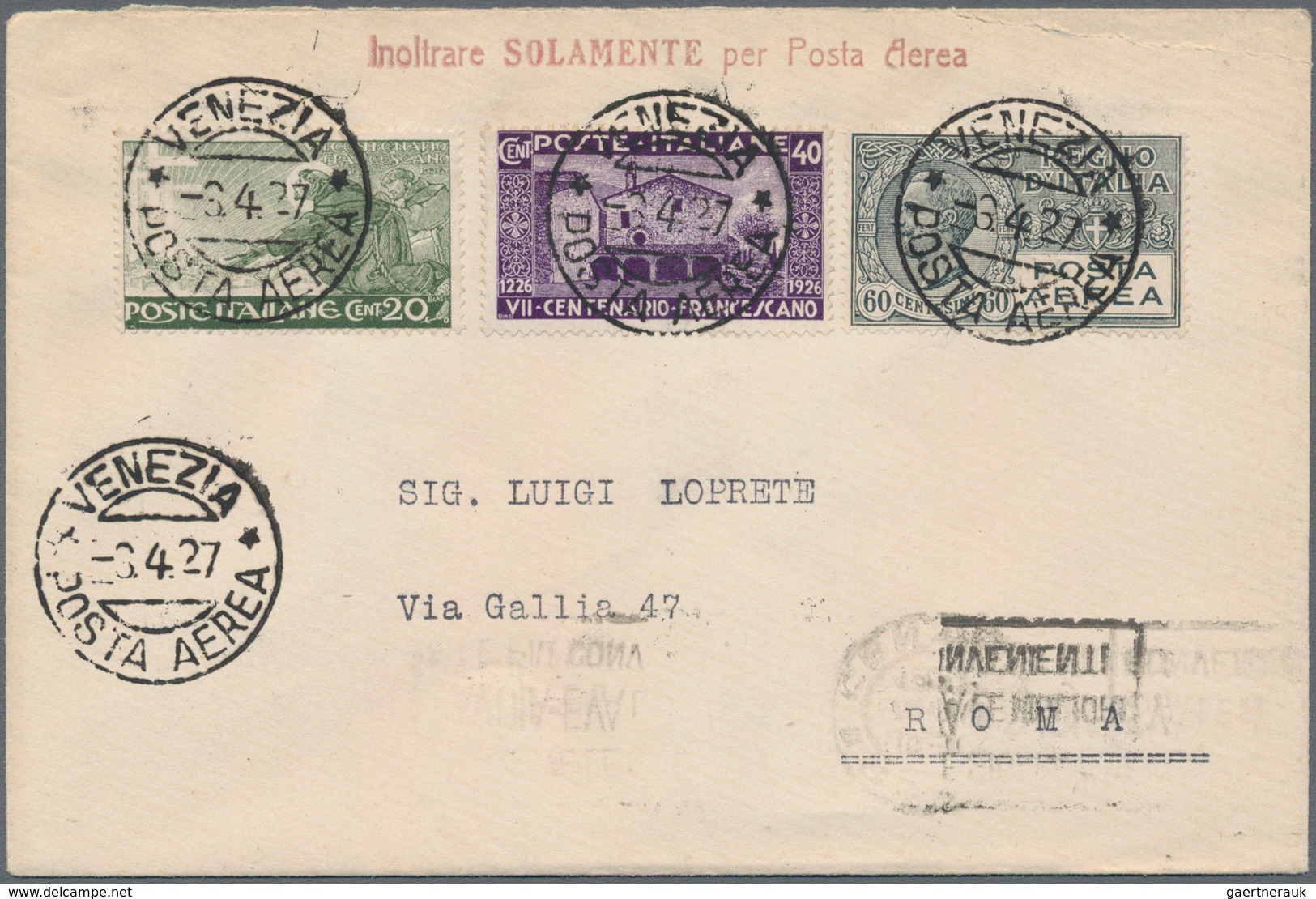 Flugpost Europa: 1927, Italy. Transadriatica Airmail Cover From "Venice 6.4.27" To Rome. Fine. - Autres - Europe