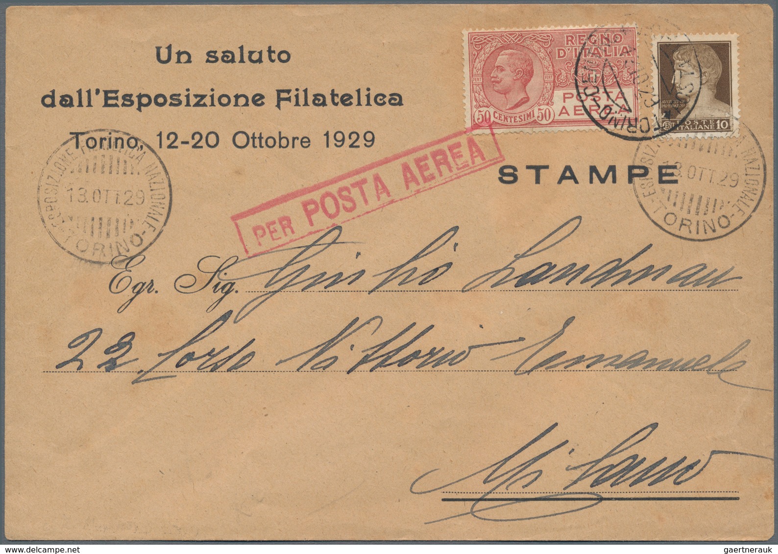 Flugpost Europa: 1929, Italy. Commercial Cover "Un Saluto Dall'Esposizione Filatelica Torino 12-20 O - Otros - Europa