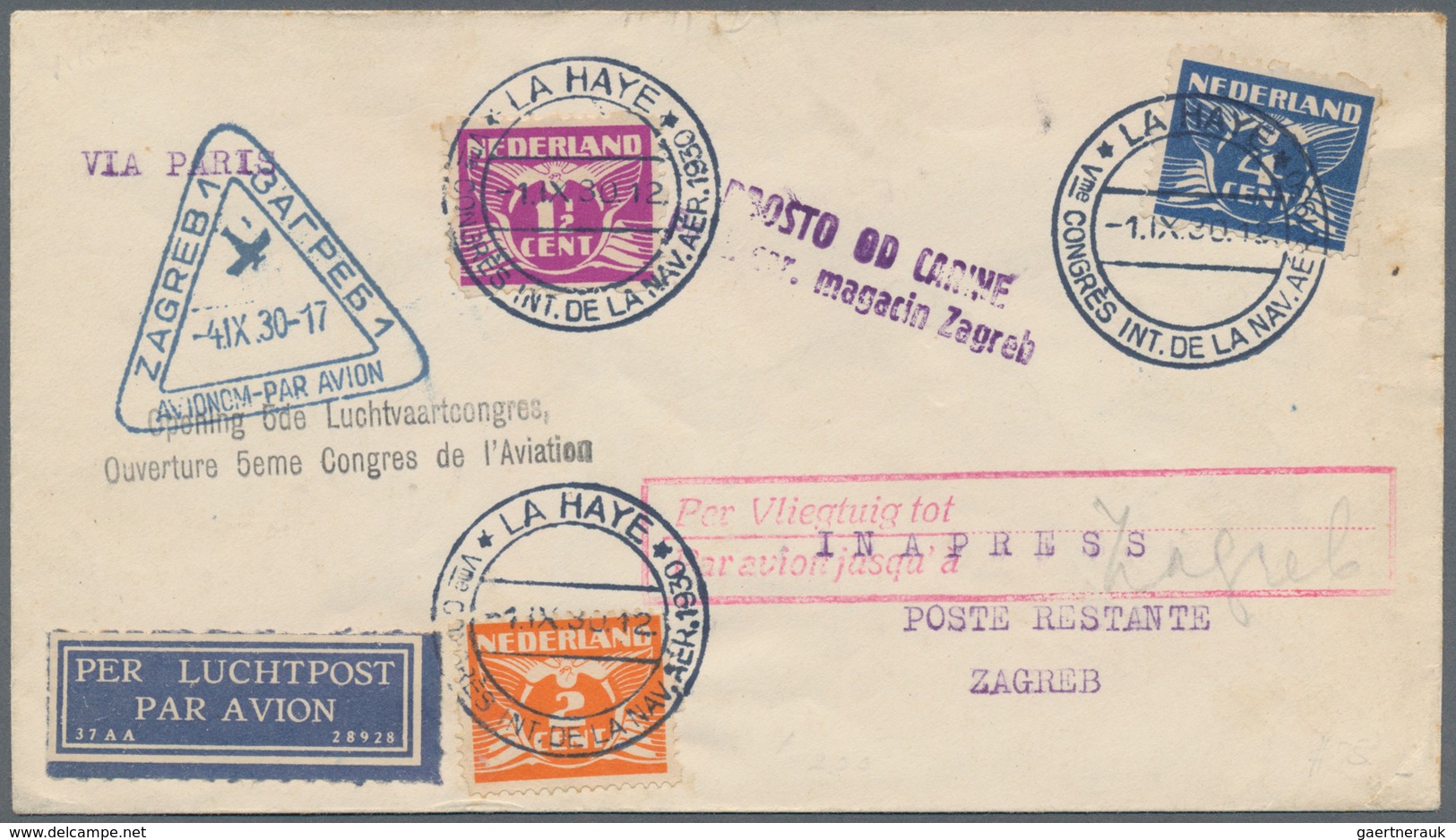 Flugpost Europa: 1930. International Aviation Congress "LA HAYE", To A Poste Restante Addres In Zagr - Andere-Europa