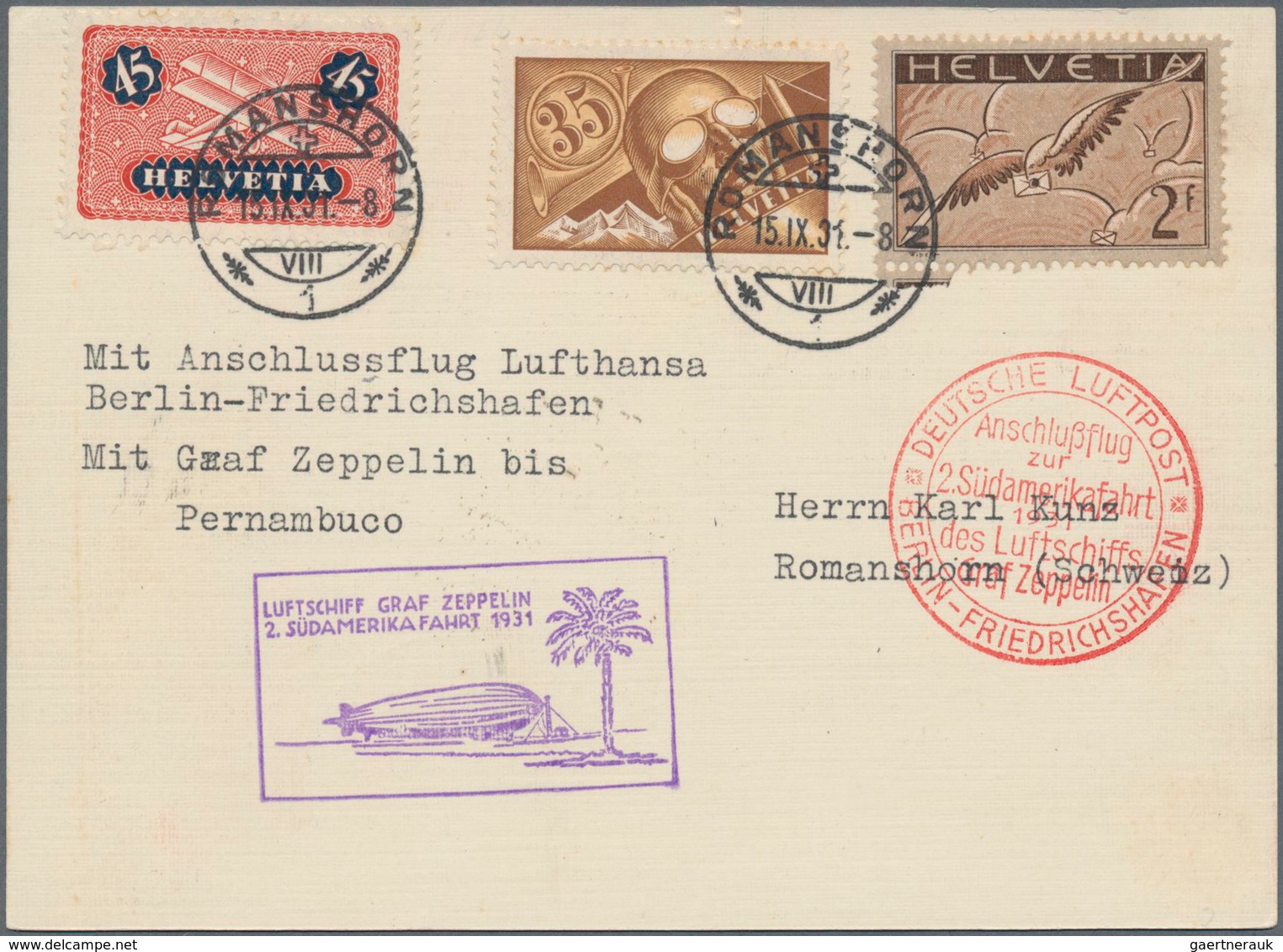 Flugpost Europa: 1931, 2. Südamerikafahrt, Etappe Bis Rio, Karte Ab Romanshorn 17.9. Mit U.a. 2 Fr. - Europe (Other)