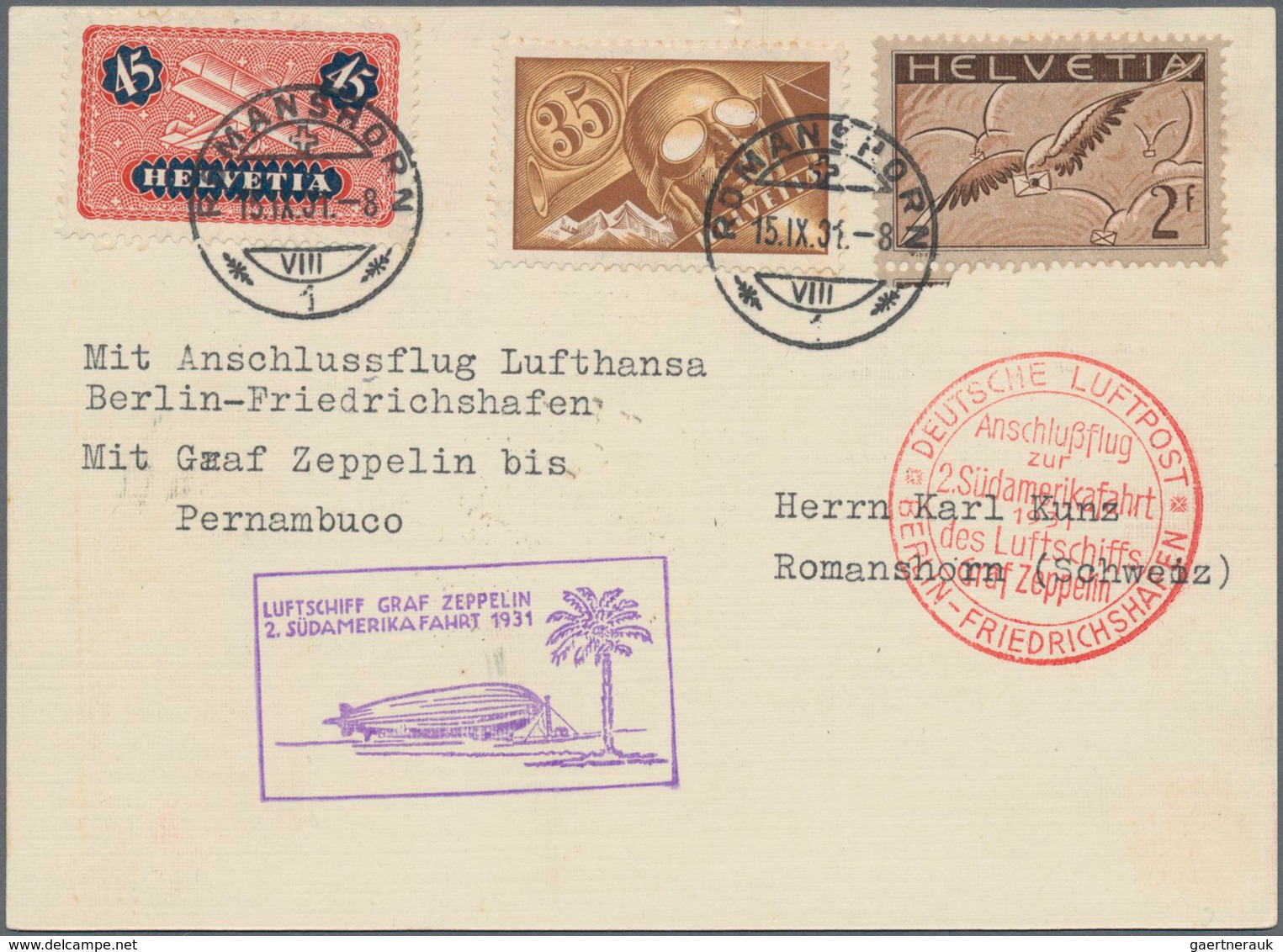 Flugpost Europa: 1931, 2. Südamerikafahrt, Etappe Bis Rio, Karte Ab Romanshorn 17.9. Mit U.a. 2 Fr. - Andere-Europa