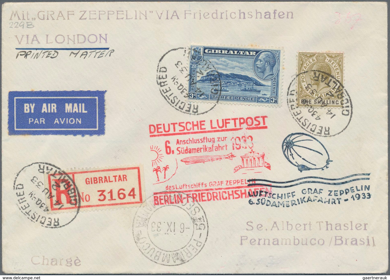 Flugpost Europa: 1933, 6. Südamerikafahrt, R-Brief Ab Gibraltar 14.8. Mit U.a. 1 Sh., Via Berlin Mit - Otros - Europa