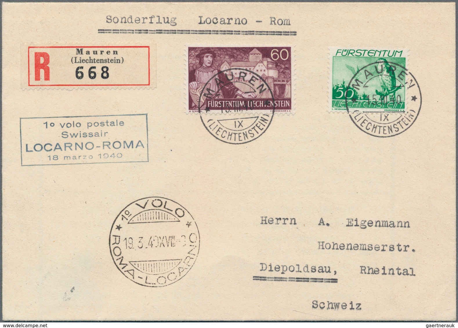 Flugpost Europa: 1940, Liechtenstein. First Flight Cover "Locarno-Roma" Transmitted Mail "Mauren (Li - Europe (Other)