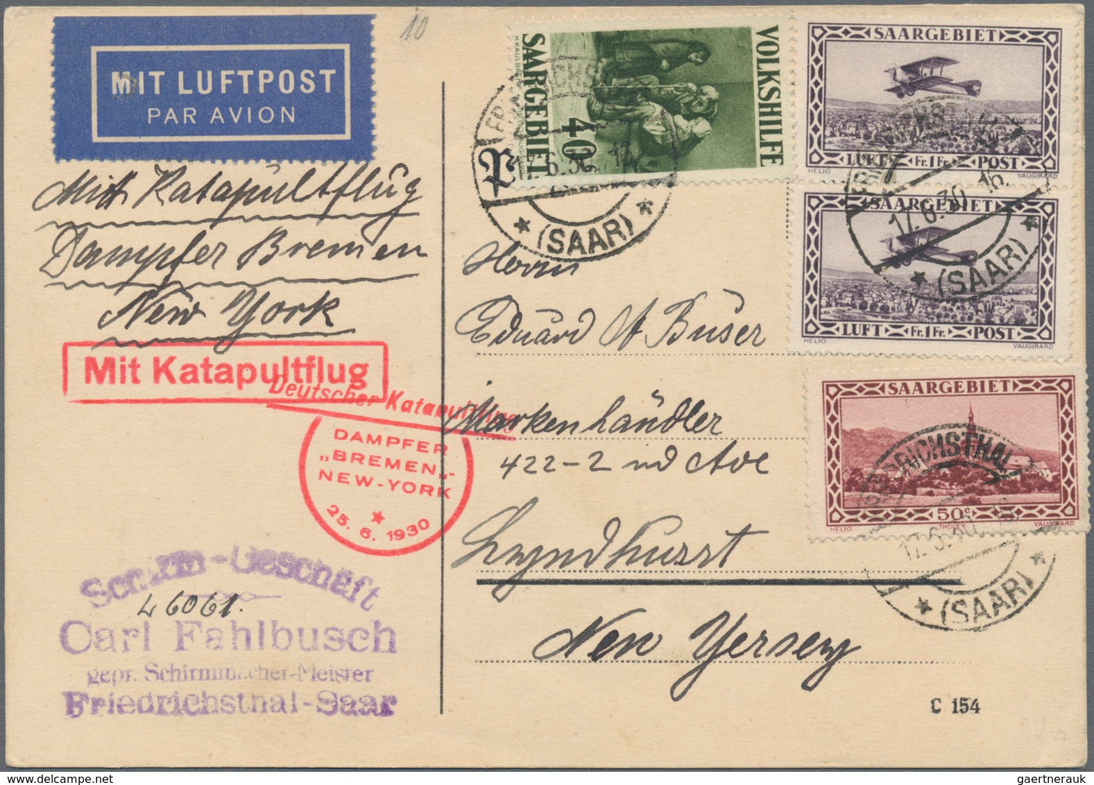 Katapult- / Schleuderflugpost: 1930, Karte Ab FRIEDRICHSTHAL (SAAR) 17.8.30 Mit Rotem Bestätigungsst - Luchtpost & Zeppelin