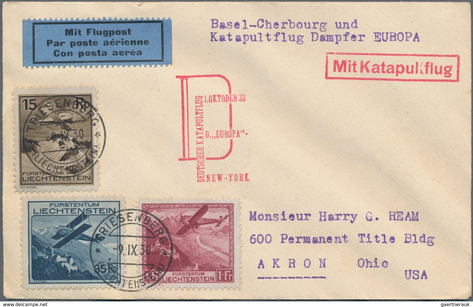 Katapult- / Schleuderflugpost: 1930, "DEUTSCHE KATAPULTFLUG 1. OKTOBER 30 - D. "EUROPA" - NEW YORK Z - Airmail & Zeppelin