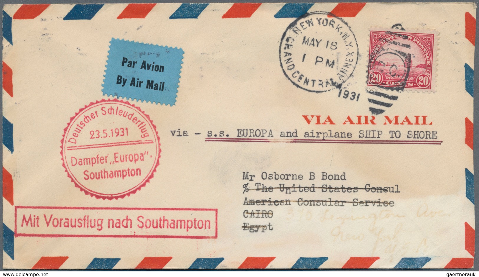 Katapult- / Schleuderflugpost: 1931 Destination EGYPT: Airmail Cover From New York To Cairo, Egypt B - Luchtpost & Zeppelin