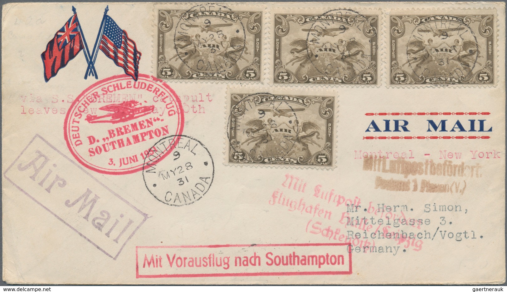 Katapult- / Schleuderflugpost: 1931, Decorative Cover With Multiple Airmail Franking From "MONTREAL - Poste Aérienne & Zeppelin