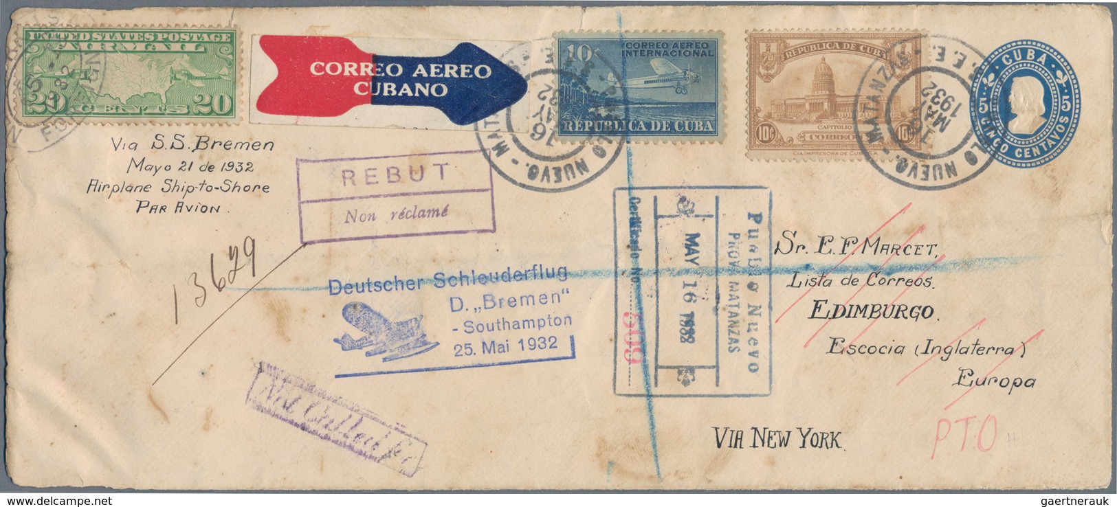 Katapult- / Schleuderflugpost: 1932, Cuba, 5 C Blue Postal Stationery Envelope, Uprated With 10 C Ye - Poste Aérienne & Zeppelin