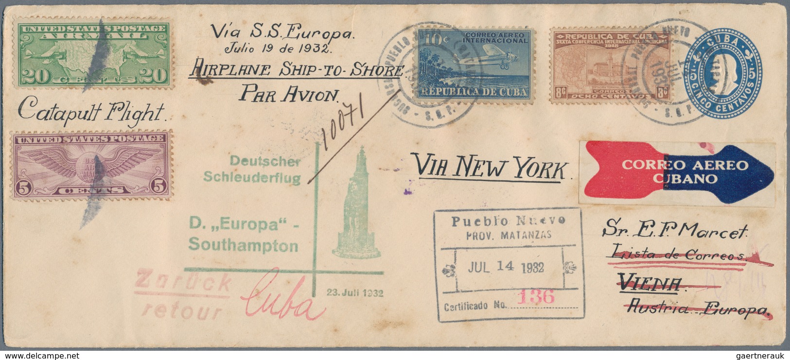 Katapult- / Schleuderflugpost: 1932, Cuba, 5 C Blue Postal Stationery Envelope, Uprated With 8 C Bro - Luchtpost & Zeppelin