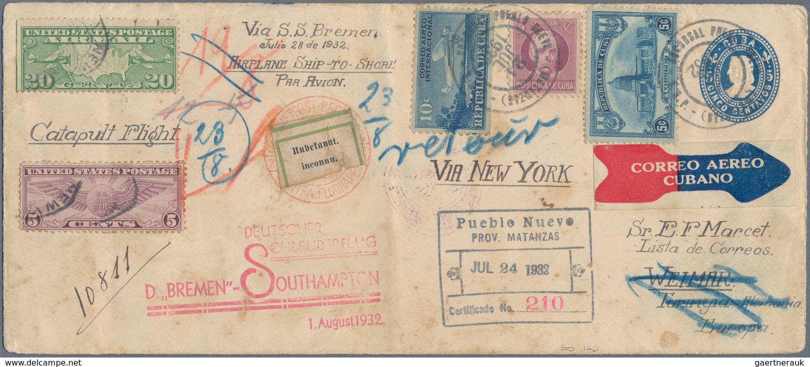 Katapult- / Schleuderflugpost: 1932, Cuba, 5 C Blue Postal Stationery Envelope, Uprated With 3 C Vio - Luchtpost & Zeppelin