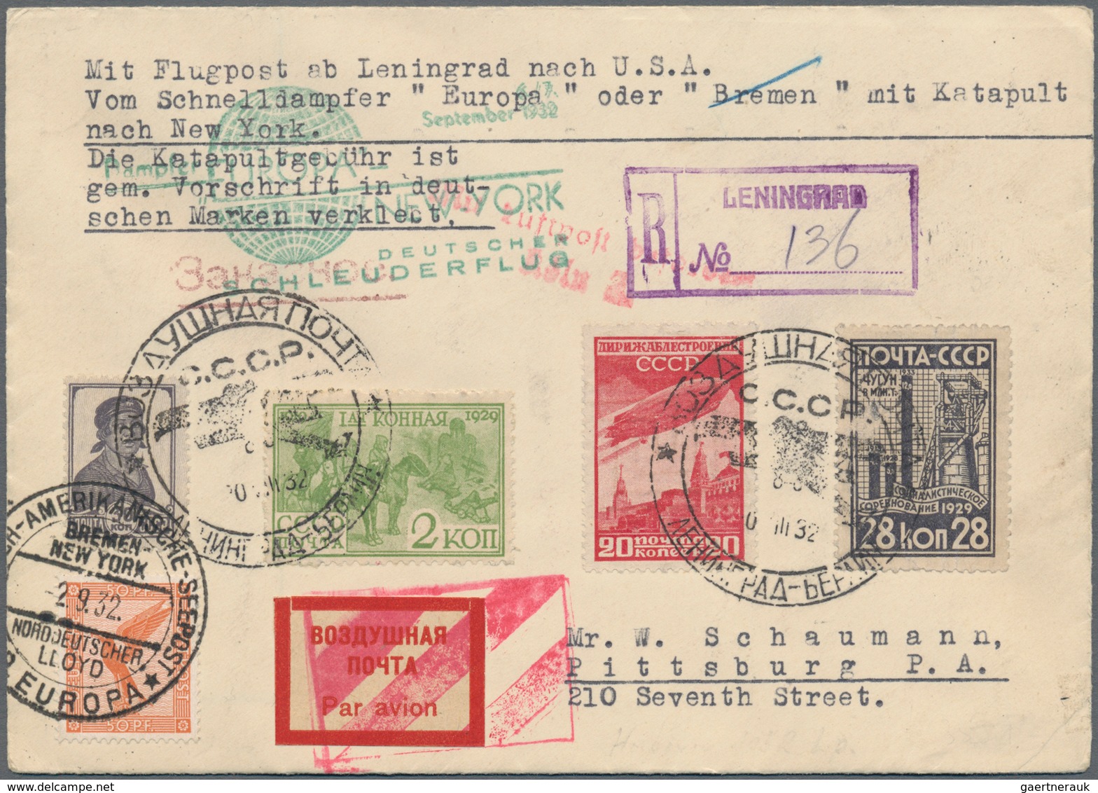 Katapult- / Schleuderflugpost: 1932, Registered Airmail Cover From LENINGRAD Via Berlin Franked With - Luchtpost & Zeppelin