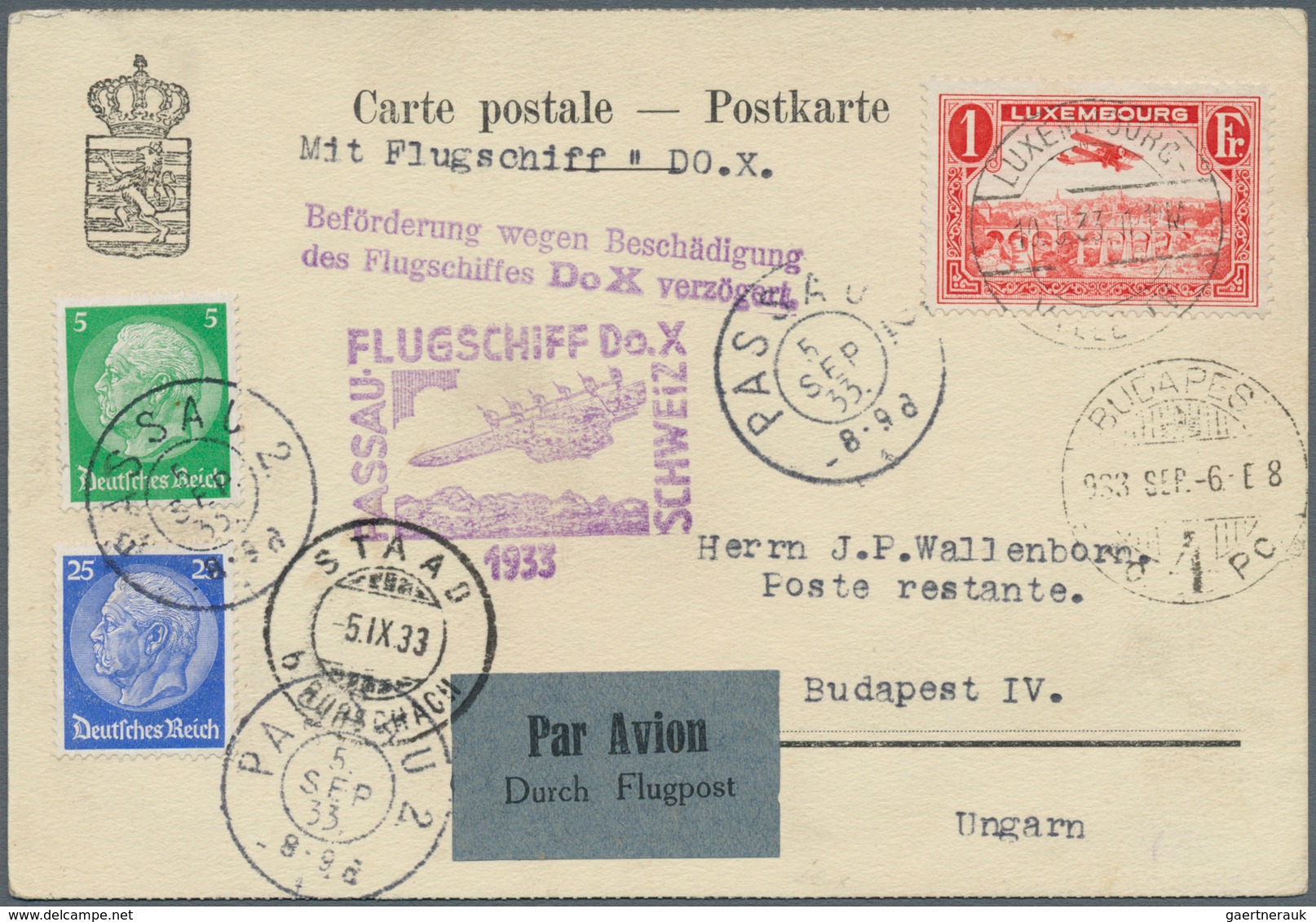 Katapult- / Schleuderflugpost: 1933: DO-X Budapest-Flug 10.5. Luxemburg-Karte Mit L2 "Beförderung We - Airmail & Zeppelin