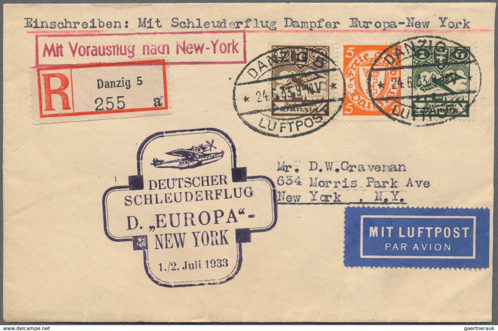 Katapult- / Schleuderflugpost: 1933, Einschreiben Ab DANZIG 5 LUFTPOST 24.6.33 Mit Dekorativem Bestä - Airmail & Zeppelin