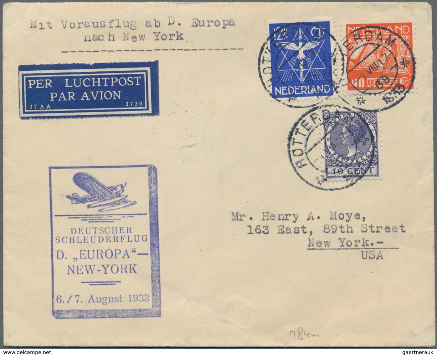 Katapult- / Schleuderflugpost: 1933, 1. VIII From Rotterdam With Cachet "DEUTSCHER SCHLEUDERFLUG D. - Luchtpost & Zeppelin