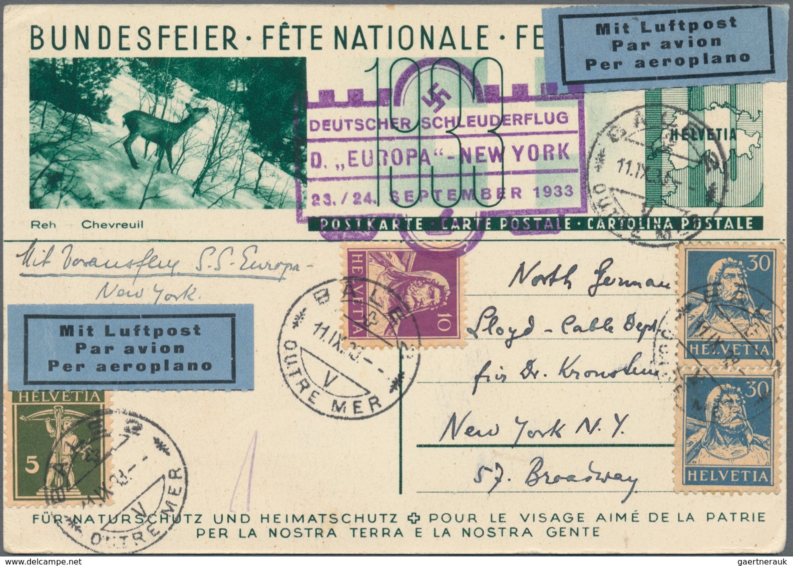 Katapult- / Schleuderflugpost: 1933, 10 C Postal Stationery Card With Additional Franking From BASEL - Airmail & Zeppelin