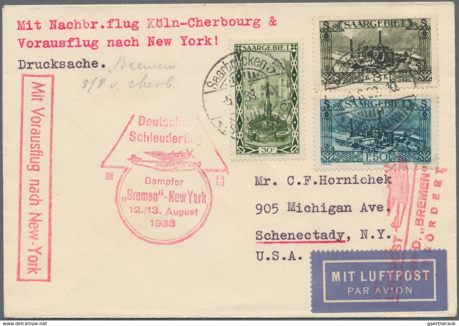 Katapult- / Schleuderflugpost: 1933, Luftpostkarte Mit Nachbringeflug Köln-Cherbourg Und Vorausflug - Airmail & Zeppelin