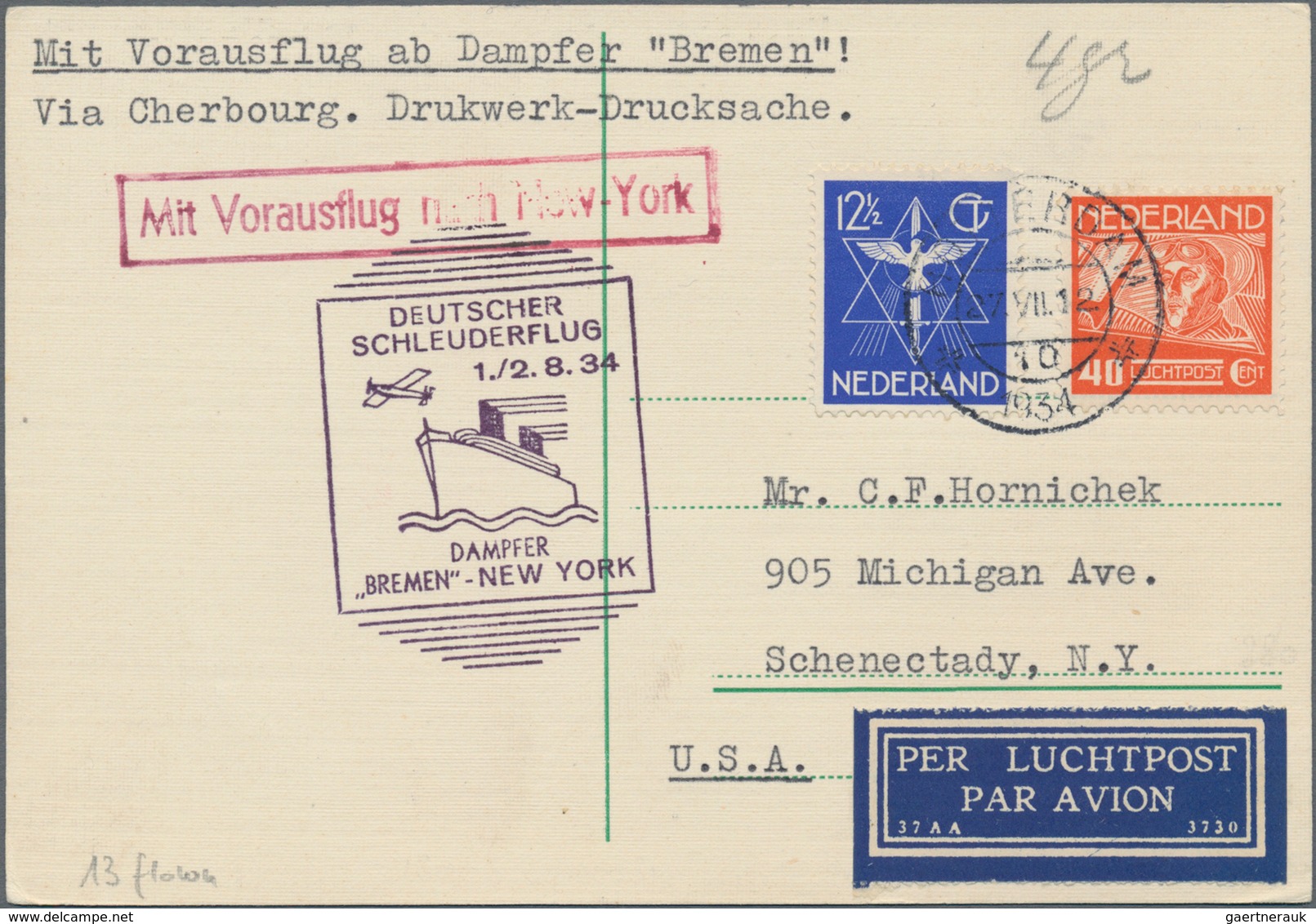 Katapult- / Schleuderflugpost: 1934, Airmail Card From AMSTERDAM 27, VII 34 Via Cherbourg Mit Blauem - Luchtpost & Zeppelin