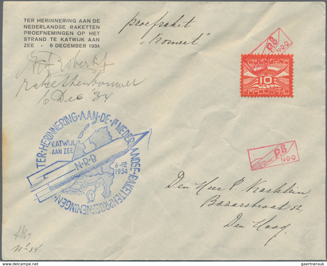 Raketenpost: 1934 (6.12.) Karl Roberti - Netherlands: Cover From The Second Rocket Mail Attempt With - Other & Unclassified
