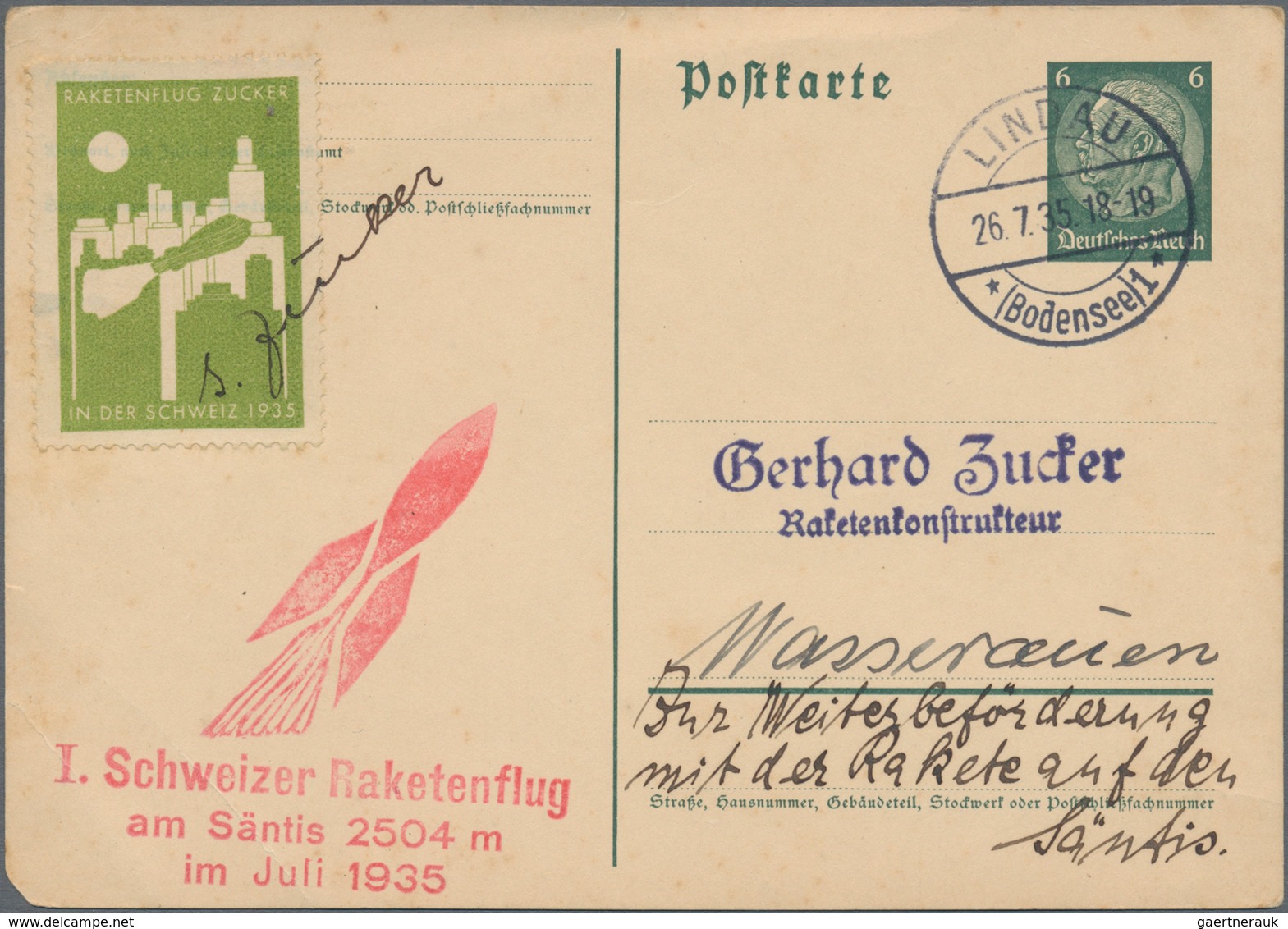 Raketenpost: 1935 (27.7.) G. Zucker - Swiss Rocket: "I. Schweizer Raketenflug Am Säntis 2504 M Im Ju - Otros & Sin Clasificación