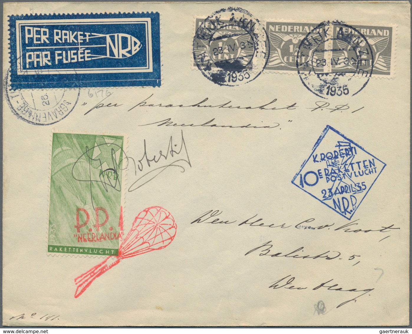 Raketenpost: 1935 (23.4.) K. Roberti - Netherlands: Two Different Covers Flown By The Parachute Rock - Other & Unclassified